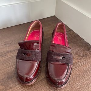 Gorgeous Acne oxblood patent leather and pony hair loafers